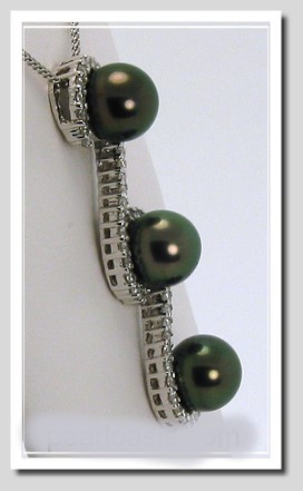 8.8MM Peacock Tahitian Pearl Diamond Pendant w/Chain 18K Gold 16in
