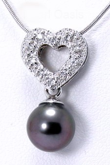8.45MM Black/Red Tahitian Pearl Diamond Heart Pendant, 14K White Gold