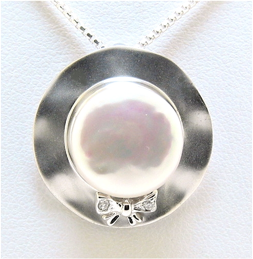 12.35MM Freshwater Coin Pearl Pendant Slide w/Diamonds, 14K White Gold