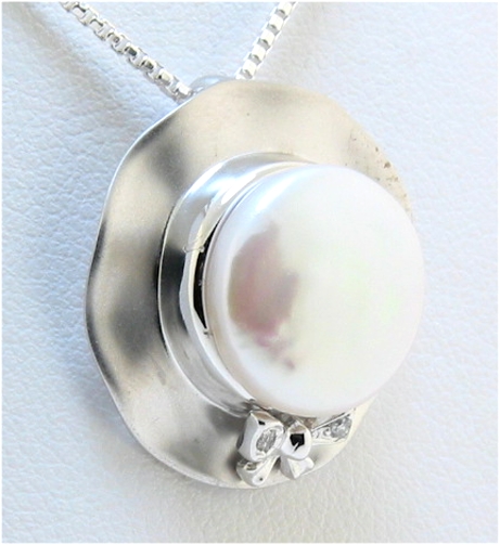 12.35MM Freshwater Coin Pearl Pendant Slide w/Diamonds, 14K White Gold