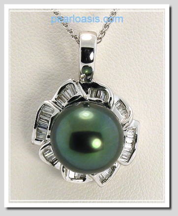 11.8MM Peacock Tahitian Pearl Diamond Pendant Enhancer 0.37CT. 18K White Gold