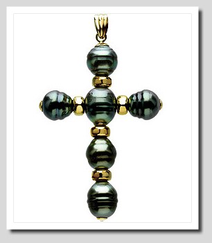 8-9MM Tahitian Pearl Cross Pendant 14K Yellow Gold