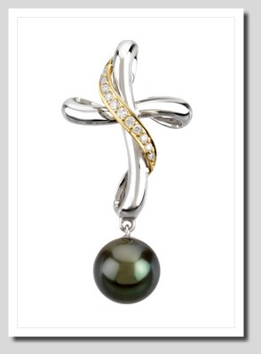 8-9MM Tahitian Pearl Diamond Cross Pendant 14K White Gold