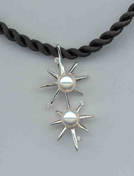 Double White Akoya Cultured Pearl Pendant Slide w/0.04 Ct. Diamonds, 18K White Gold