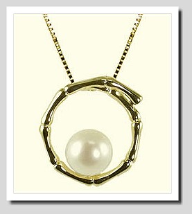 8.5MM White Freshwater Pearl Bamboo Style Pendant Chain 14K Gold 18in.