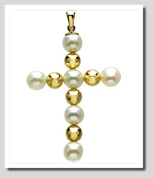 5.5-6MM White Freshwater Pearl Cross Pendant 14K Yellow Gold