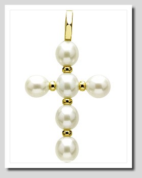 7-7.5MM White Freshwater Pearl Cross Pendant 14K Yellow Gold