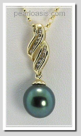 9.65MM Peacock Tahitian Pearl Diamond Pendant 14K Yellow Gold