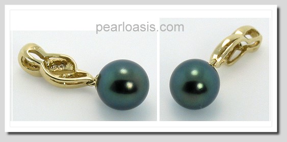 9.65MM Peacock Tahitian Pearl Diamond Pendant 14K Yellow Gold