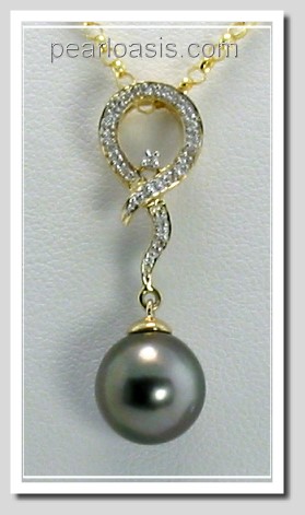 9.23MM Black Tahitian Pearl Diamond Pendant 14K Yellow Gold