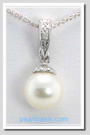 AAA 9-9.5MM White FW Pearl & Diamond Pendant Enhancer 14K White Gold