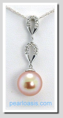 AAA 9-9.5MM Pink FW Pearl & Diamond Pendant 14K White Gold