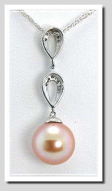 AAA 9-9.5MM Pink FW Pearl & Diamond Pendant 14K White Gold