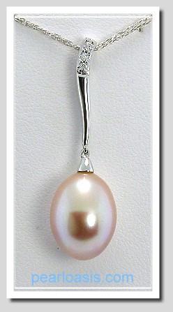 AAA 10X12.5MM Pink FW Pearl & Diamond Pendant 14K White Gold