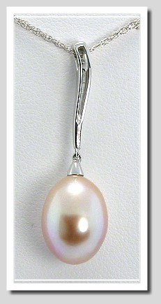 AAA 10X12.5MM Pink FW Pearl & Diamond Pendant 14K White Gold