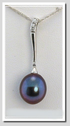 AAA 10X11MM Black FW Pearl & Diamond Pendant 14K White Gold