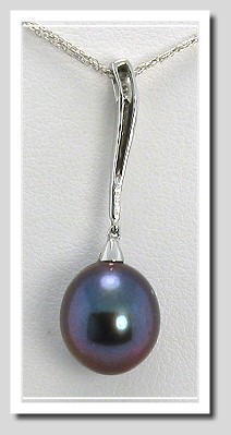 AAA 10X11MM Black FW Pearl & Diamond Pendant 14K White Gold