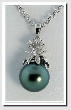 12.47MM Peacock Tahitian Pearl Pineapple Style Pendant 14K White Gold
