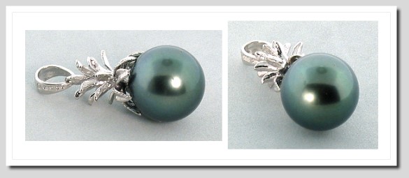 12.47MM Peacock Tahitian Pearl Pineapple Style Pendant 14K White Gold