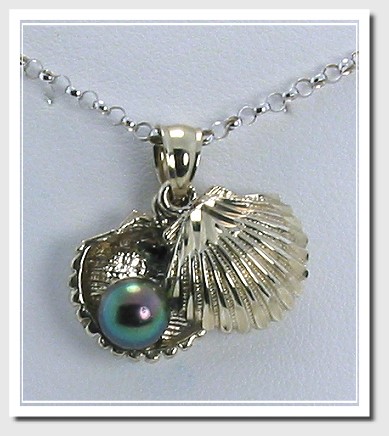 Black Akoya Pearl In A Seashell Pendant 14K White Gold