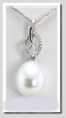 8X10Mm White FW Pearl Diamond Pendant 14K White Gold
