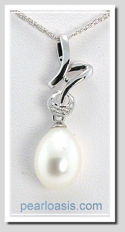 8X10Mm White FW Pearl Diamond Pendant 14K White Gold