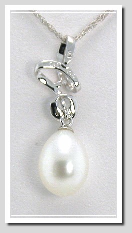 8X10Mm White FW Pearl Diamond Pendant 14K White Gold