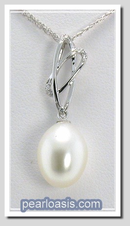 8X10Mm White FW Pearl Diamond Pendant 14K White Gold