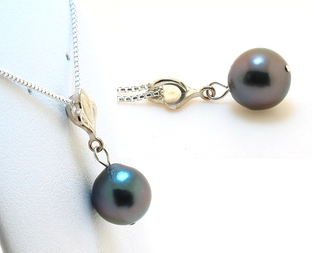 9.9MM Tahitian Pearl Pendant w/Chain 18in, Sterling Silver