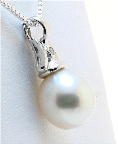 10.4X11.3MM White Fresh Water Cultured Pearl & Diamond Pendant, 14K White Gold
