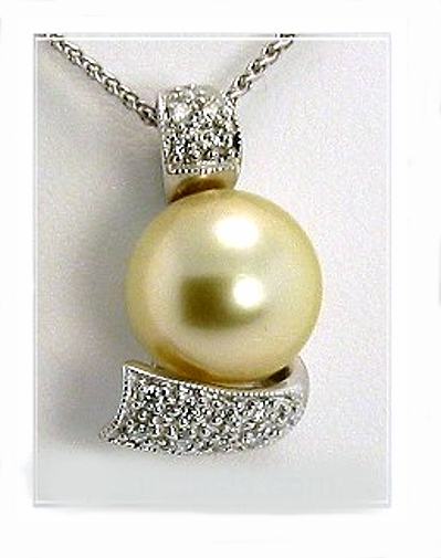 10.5MM Golden Color South Sea Pearl Pendant w/Diamonds, 18K White Gold