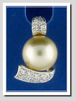 10.5MM Golden Color South Sea Pearl Pendant w/Diamonds, 18K White Gold
