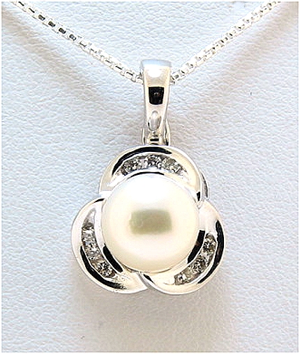 8.4MM White Akoya Cultured Pearl Pendant Enhancer w/0.14 Ct. Diamonds, 14K White Gold