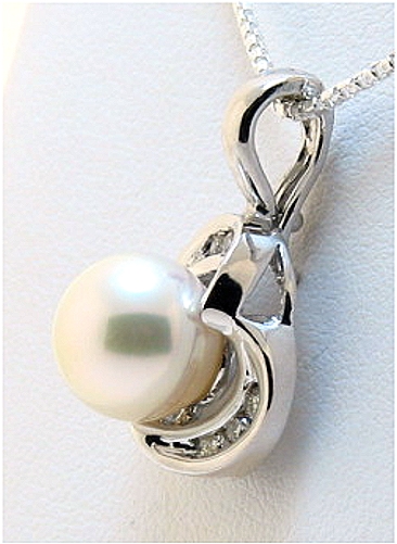 8.4MM White Akoya Cultured Pearl Pendant Enhancer w/0.14 Ct. Diamonds, 14K White Gold