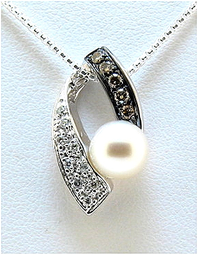 7-7.5MM White Cultured Pearl Pendant, 14K White Gold w/Black & White Diamonds