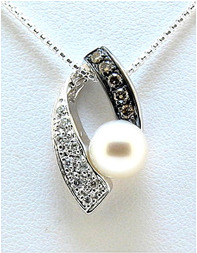 7-7.5MM White Cultured Pearl Pendant, 14K White Gold w/Black & White Diamonds