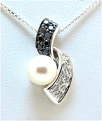 7-7.5MM White Cultured S-Style Pearl Pendant, 14K White Gold w/Black & White Diamonds