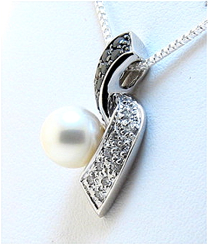 7-7.5MM White Cultured S-Style Pearl Pendant, 14K White Gold w/Black & White Diamonds