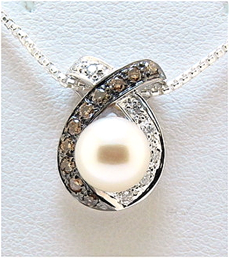7-7.5MM White Cultured Pearl XO Style Pendant, 14K White Gold w/Black & White Diamonds