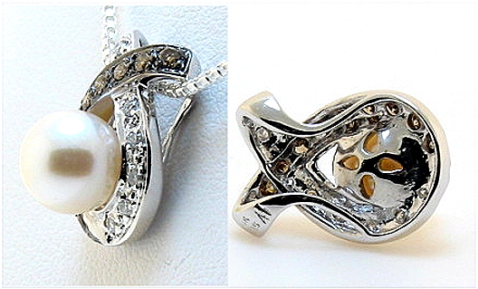 7-7.5MM White Cultured Pearl XO Style Pendant, 14K White Gold w/Black & White Diamonds