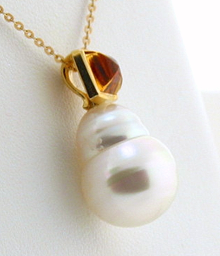 Certified 12.5X16.4MM White South Sea Pearl Citrine Pendant, 14K Yellow Gold