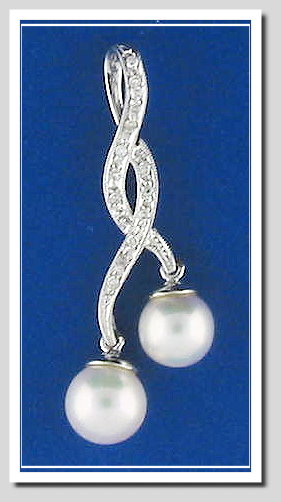 7-7.7MM Double Akoya Pearl Pendant w/0.10 Ct. Diamonds, 14K White Gold