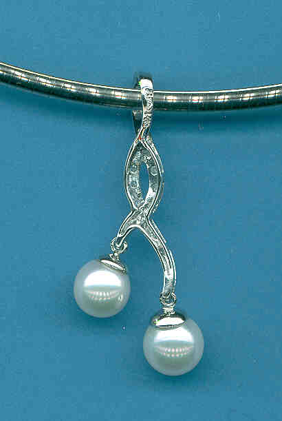 7-7.7MM Double Akoya Pearl Pendant w/0.10 Ct. Diamonds, 14K White Gold