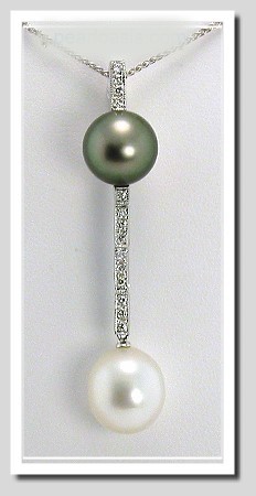 Black Tahitian Pearl & White South Sea Pearl Pendant Enhancer w/Diamonds, 18K White Gold