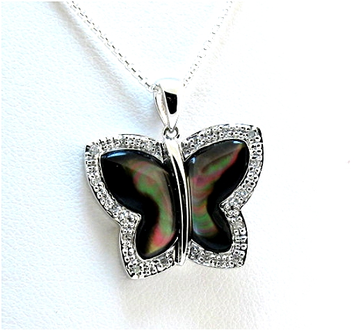 Butterfly Pendant w/Tahitian Mother Of Pearl, 14K White Gold w/0.08 Ct. Diamonds
