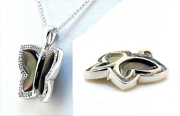 Butterfly Pendant w/Tahitian Mother Of Pearl, 14K White Gold w/0.08 Ct. Diamonds