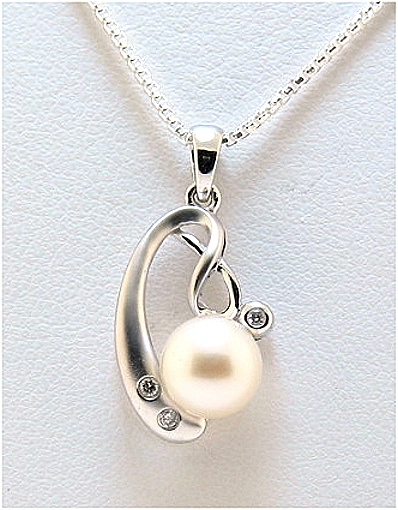7-7.5MM White Akoya Cultured Pearl Pendant w/Diamonds, 14K White Gold