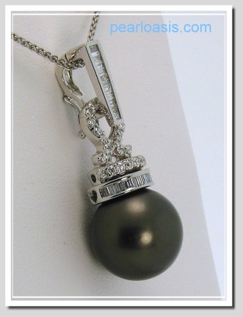 12.62MM Black Tahitian Pearl Pendant Enhancer w/0.44 Ct. Diamonds, 18K White Gold