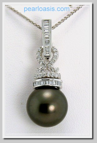 12.62MM Black Tahitian Pearl Pendant Enhancer w/0.44 Ct. Diamonds, 18K White Gold