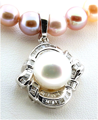 10.5MM White South Sea Pearl Pendant Enhancer w/0.59 Ct. Diamonds, 18K White Gold